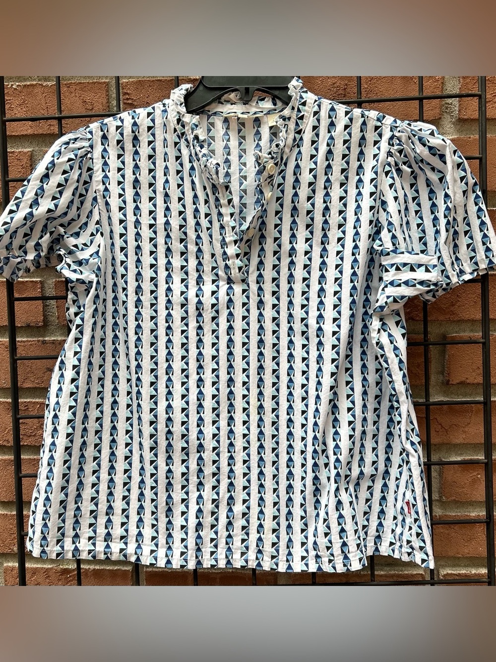 Levi's Blue & White Geometric Ruffle-Trim Top